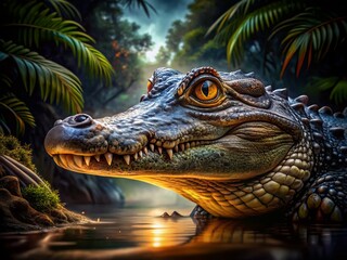 Fototapeta premium Low Light Alligator Drawing, Dark Reptile Sketch, Nocturnal Wildlife Art, Creepy Crawly Illustration, Nighttime Animal Portrait
