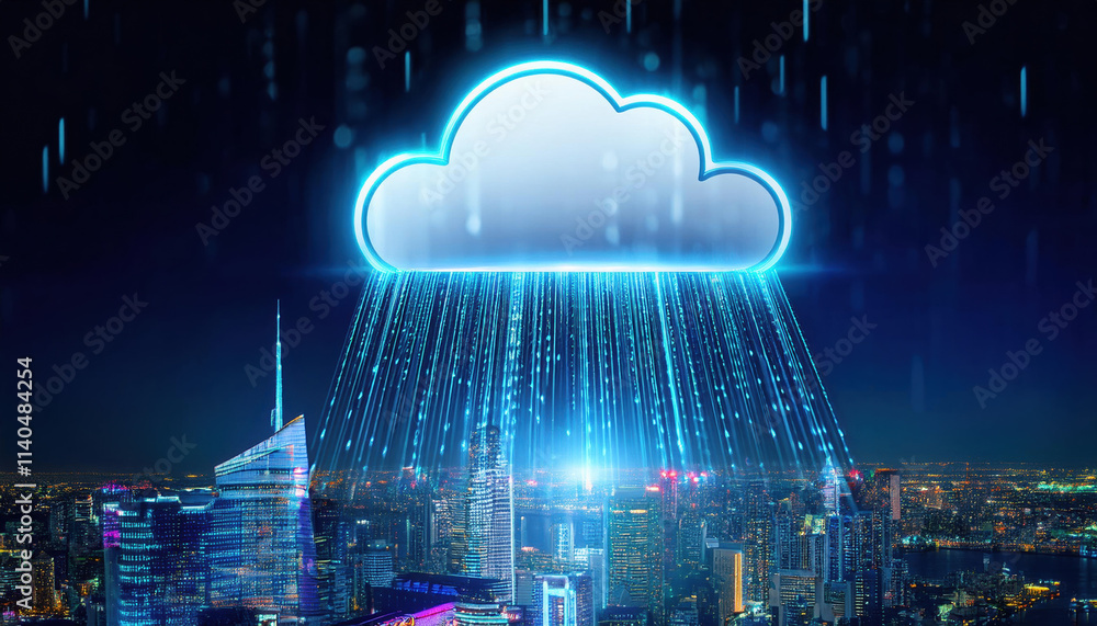 Poster glowing neon cloud hovers above futuristic city, with binary code streams cascading down, creating m