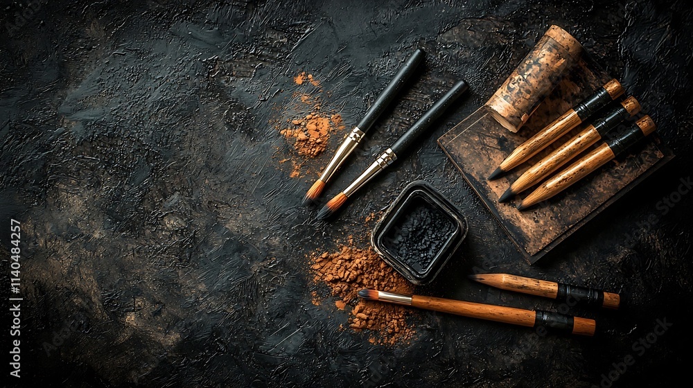 Poster a set of charcoal drawing sticks and smudging tools arranged on a textured paper surface with soft s