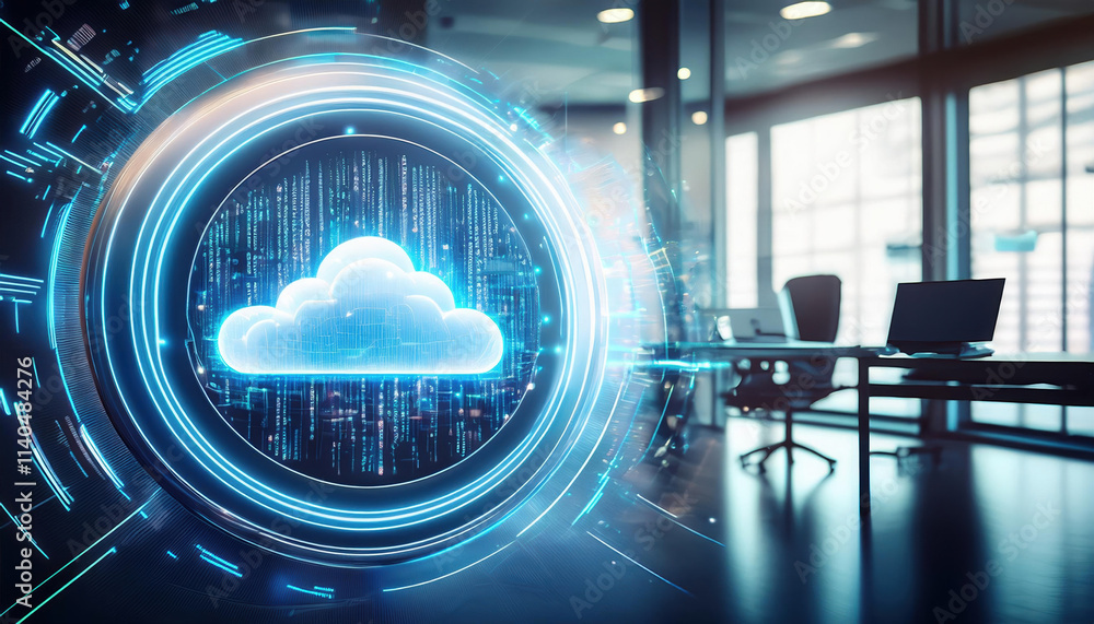 Poster holographic control panel displays glowing cloud with binary code cascading around it, symbolizing a