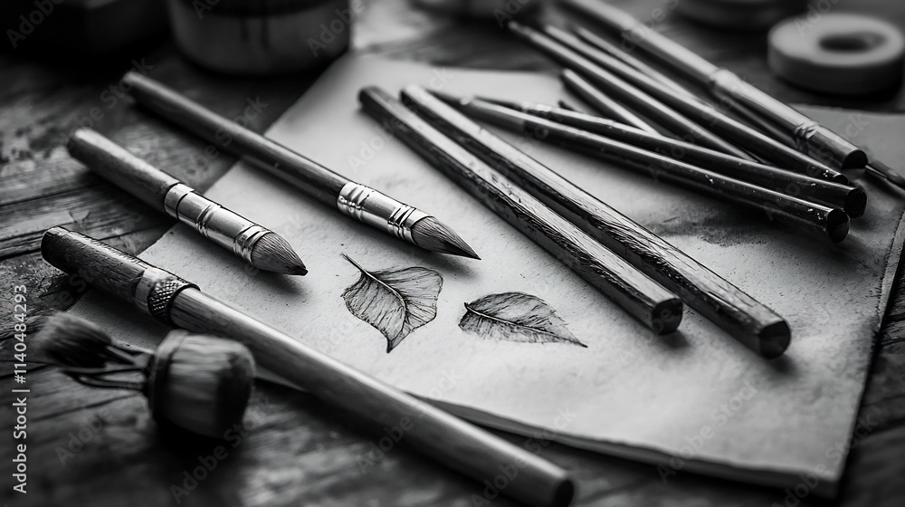 Poster charcoal drawing sticks and smudging tools artfully arranged on textured drawing paper with soft sha