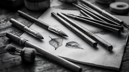 Naklejka premium Charcoal drawing sticks and smudging tools artfully arranged on textured drawing paper with soft shadows creating a creative and still life composition