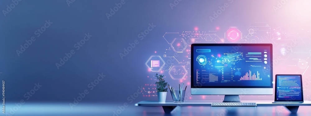 Poster modern workspace with futuristic computer and tablet displaying data analytics on bright background 