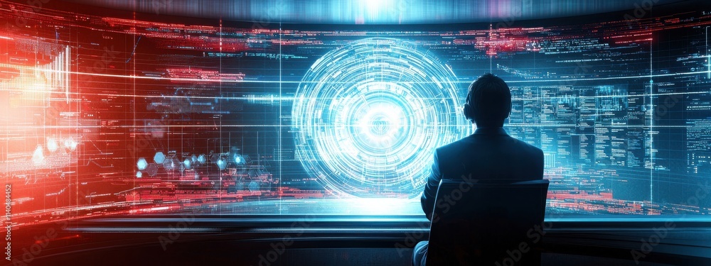 Poster futuristic digital interface with businessman overlooking advanced data visualization and technology