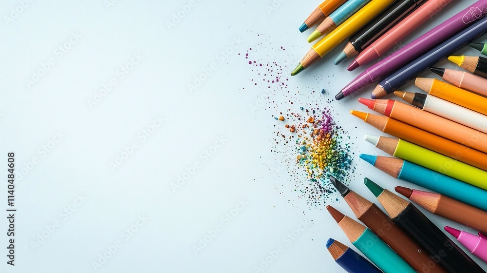 Poster flat image of neatly aligned and organized fine liner pens markers and vibrant color samples display
