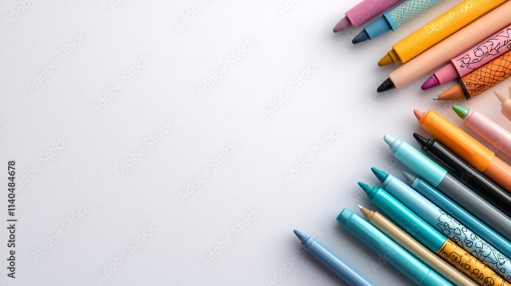 Poster vibrant collection of fine liner pens and markers neatly arranged in an orderly composition on a cle
