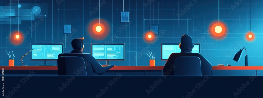 Poster two professionals working at computer desks with screens in a dark room, illuminated by soft lamp li