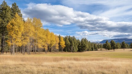 A serene landscape featuring golden trees and a grassy field under a blue sky.