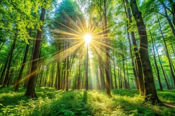 Obraz premium Summer forest with bright sun shining through the trees Close-Up