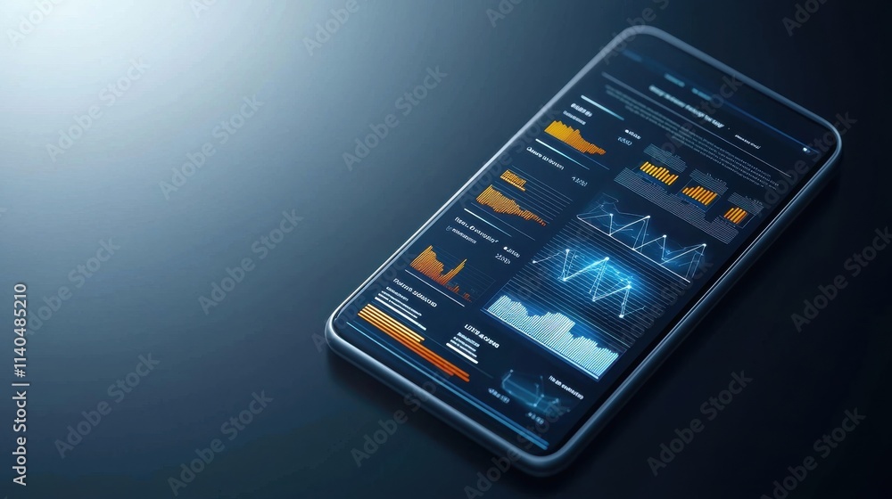 Poster modern smartphone displaying interactive data visualization with graphs, charts, and analytics in a 