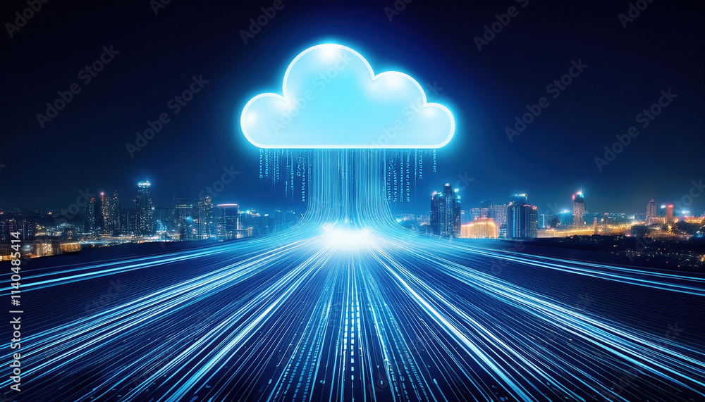Aufkleber smart city landscape featuring luminous cloud icon with glowing pathways of binary code, symbolizing