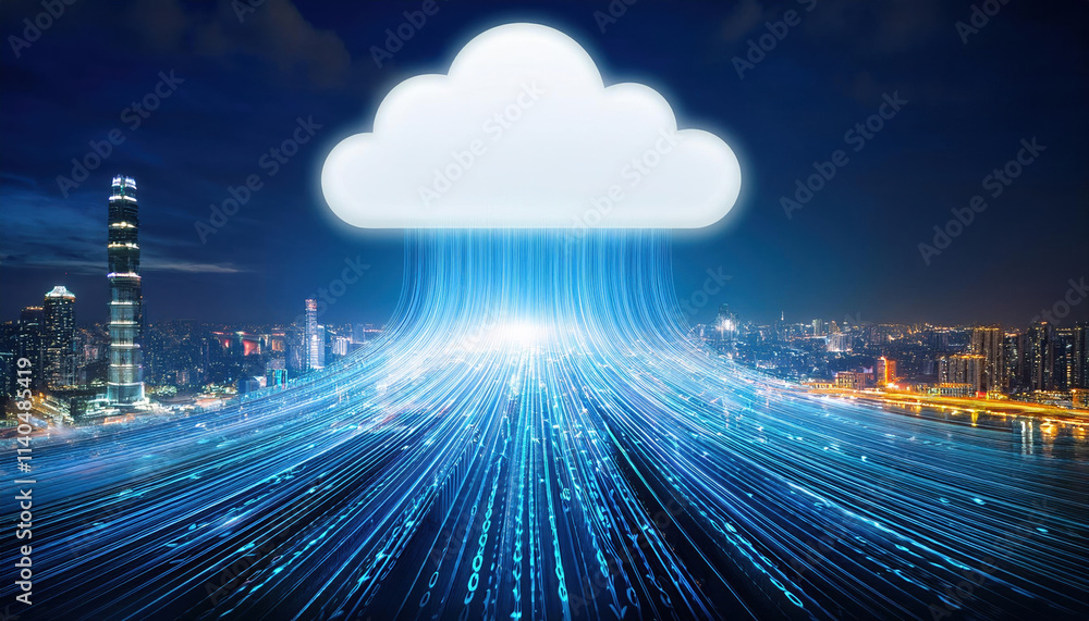 Aufkleber smart city skyline with cloud icon and glowing binary pathways. luminous pathways symbolize data flo