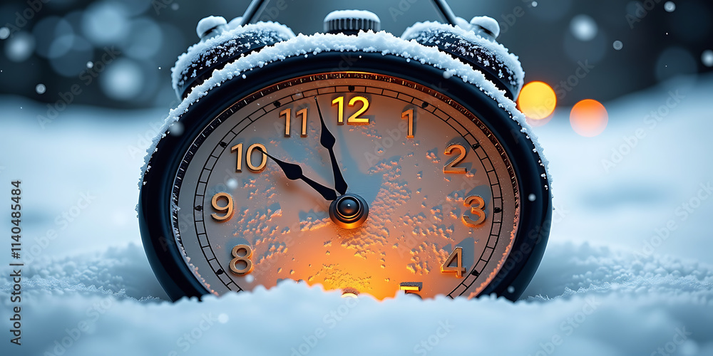 Wall mural frozen time clock - a clock stopped at midnight covered in frost and snowflakes. backdrop background