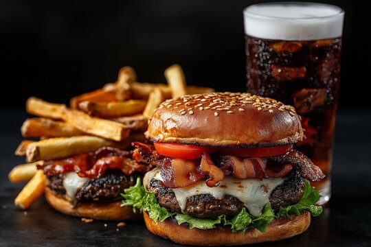 A burger and fries are served with a glass of soda