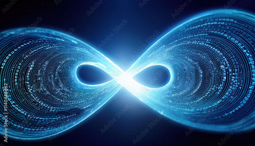Poster glowing infinity loop made of binary code, symbolizing endless possibilities and digital flow, radia