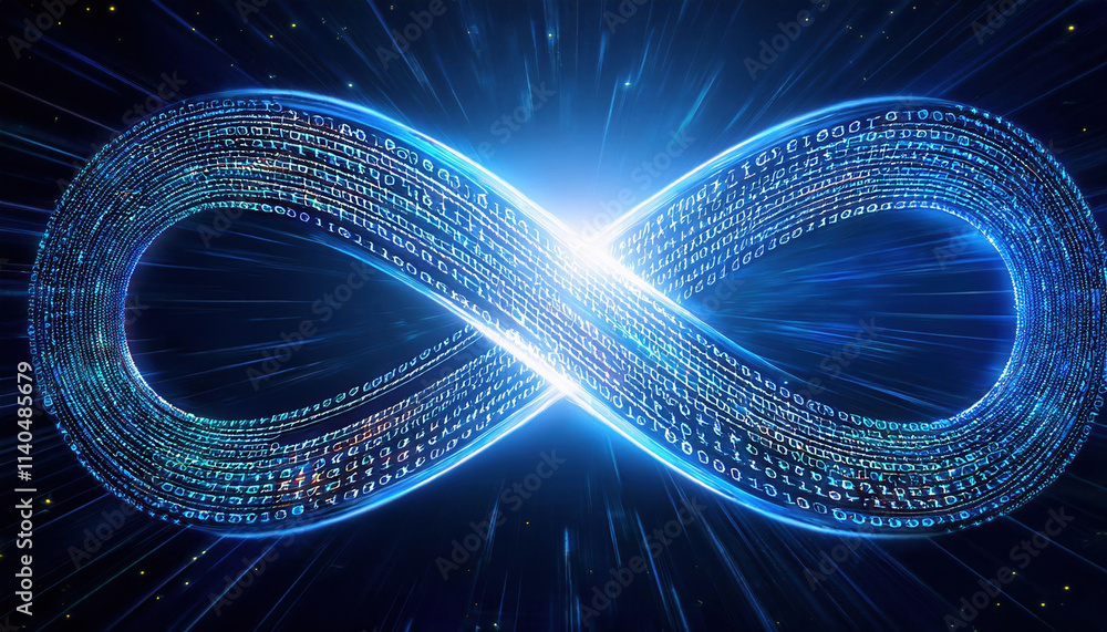 Poster glowing infinity loop made of binary code symbolizes endless possibilities and digital innovation, r