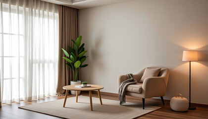Fototapeta premium Room Background: A cozy and neat room with soft lighting a comfortable chair a coffee table and a warm blanket creating a relaxing atmosphere. background copyspace