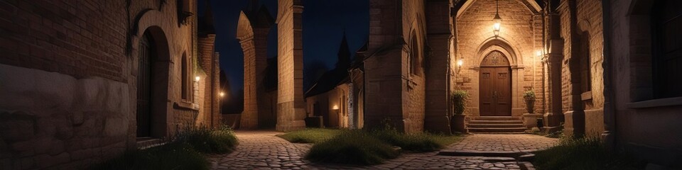 Fototapeta premium A narrow pathway leads to the entrance of a rustic pyatnytska church at night, military military building exterior , church path