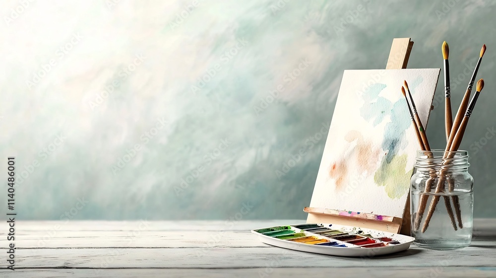 Poster an open watercolor palette showcasing soft pastel shades accompanied by a glass jar of water and a s