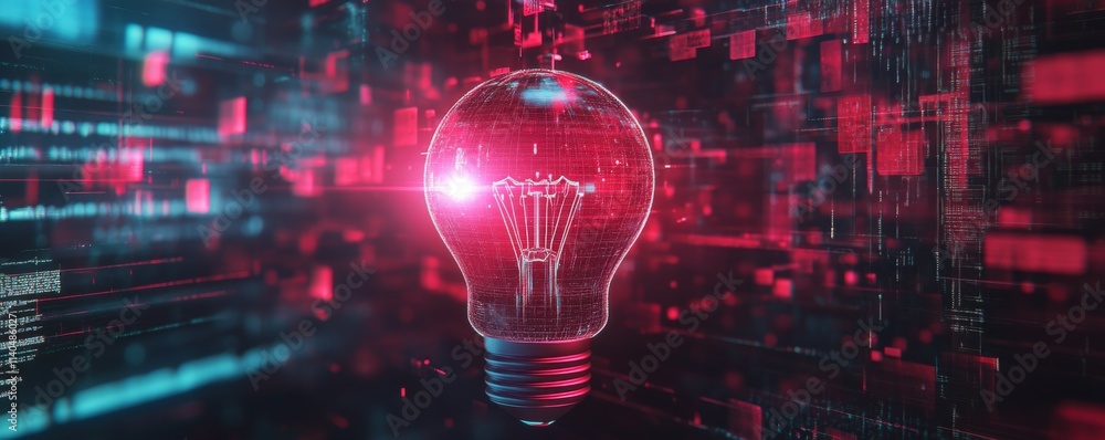 Poster a digital light bulb is on a digital background. evolution of new ideas. a futuristic light bulb ico