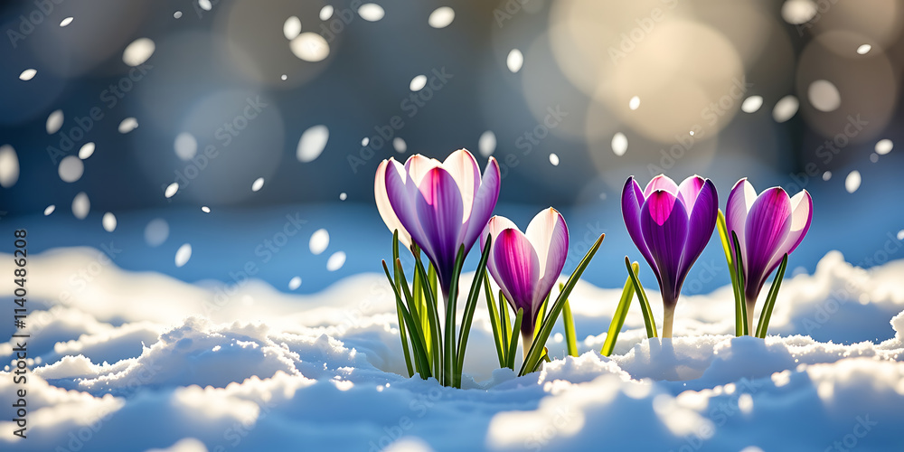 Wall mural crocus snowfall - crocus flowers breaking through the snow signaling the end of winter. backdrop bac