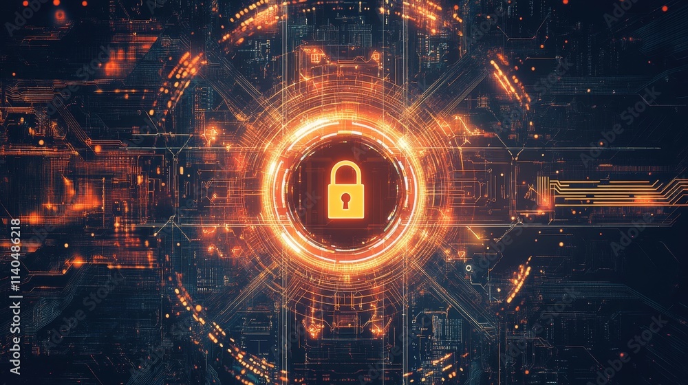 Poster digital lock symbol overlaying circuit board design with light effects