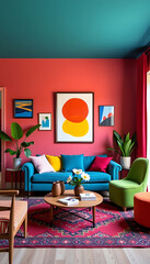 Eclectic living room with mismatched furniture bright colors and artistic decor. background copyspace