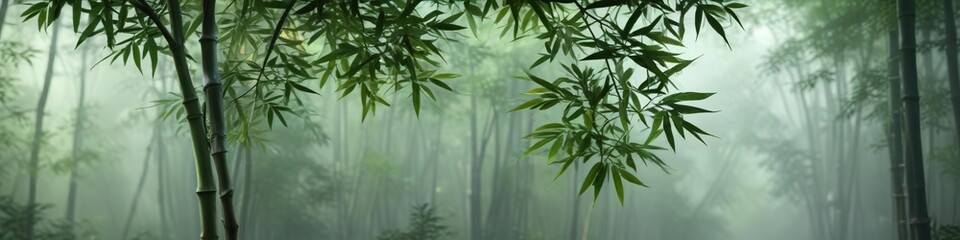 Fototapeta premium A serene bamboo branch with lush green leaves and delicate nodes in a misty forest environment, plant, serenity, trees