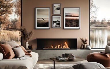 Cozy living room with modern decor, a fireplace, and autumn-themed artwork.