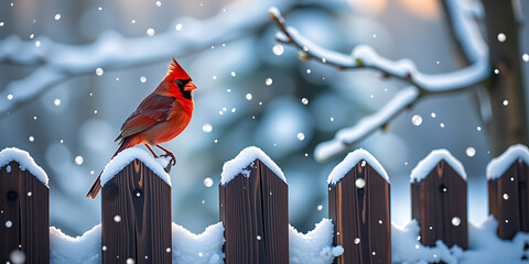 Red Cardinal on a Snowy Fence - With subtle festive accents nearby. backdrop background digital art crisp oilpinting minimalist sharp details funny background copyspace