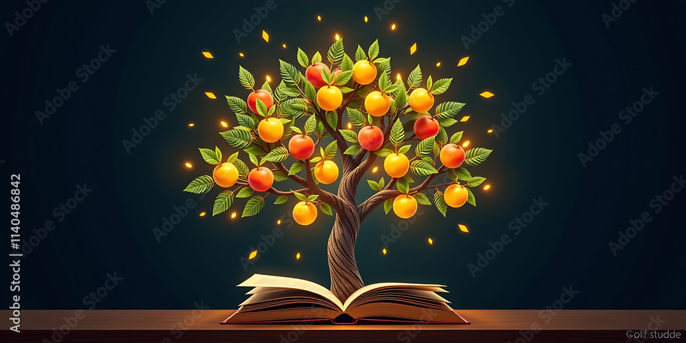 Wall mural knowledge tree - a glowing tree with books and digital tools growing as its fruits. backdrop backgro