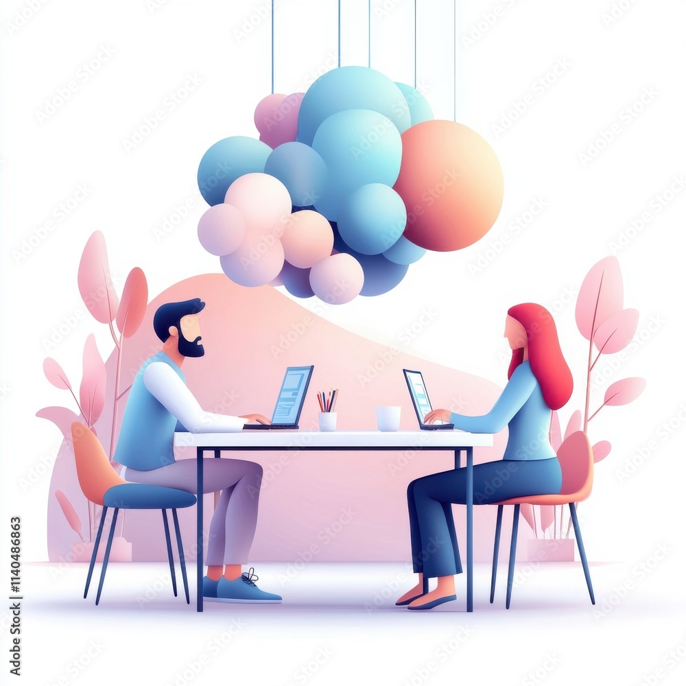 Aufkleber collaborative workspace with inspired individuals using laptops under a colorful cloud illustration 