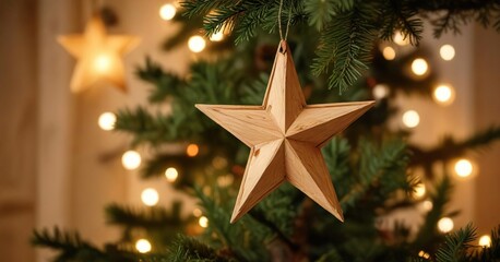 A single wooden star ornament suspended from a Christmas tree branch under a soft warm glow, wooden decorations, xmas tree topper