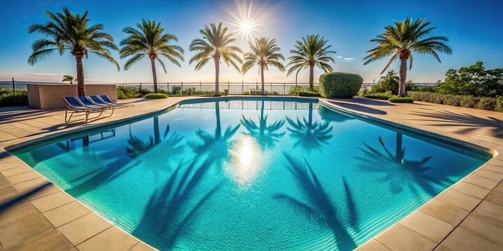 summer pool scene with palm tree shadows, wide-angle view