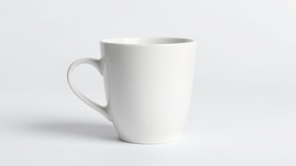 Fototapeta premium A simple white ceramic mug, perfect for hot beverages, sits on a plain white background.