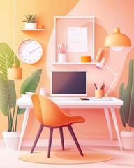 Modern Workspace Design Featuring Bright Colors and Minimalist Aesthetics with a Cozy Chair, Green Plants, and Stylish Decor Elements for Inspiration
