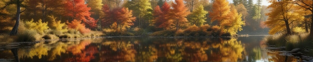 Obraz premium A tranquil pond reflecting the changing colors of autumn amidst a dense thicket of trees, fall colors, forest stream