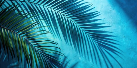 Summer vibes background with palm tree shadows on a blue wall