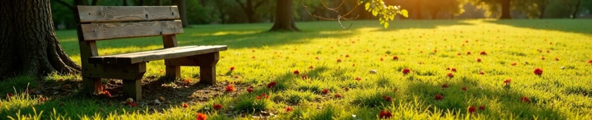 Naklejka premium A wooden bench casts a long shadow in the afternoon sun, tree branches, gentle light