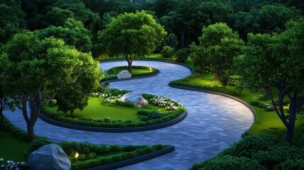 Fototapeta premium Serene Curving Path Through Lush Greenery With Soft Lighting Enhancing Nature's Beauty In A Peaceful Garden Landscape At Dusk