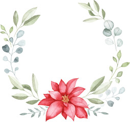 Watercolor Winter Wreath with Poinsettia Flower and Greenery