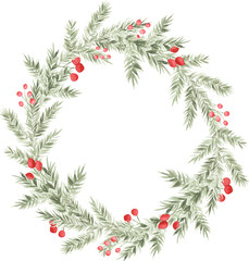 Winter Watercolor Wreath with Pine Branches and Red Berries