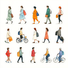 Walking people in various outfits, showcasing diverse styles and activities. illustration captures lively urban scene with individuals carrying bags, riding bicycles, and enjoying their day