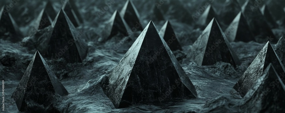 Aufkleber black three-dimensional surface with triangular pyramids. futuristic, dark texture.