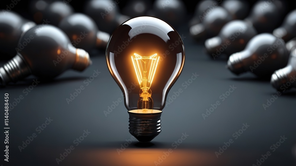 Poster light bulb glowing among shutdown light bulb in dark area with copy space for creative thinking , pr