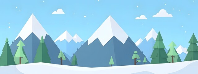 Night mountain landscape, in the style of cartoon style, with simple shapes, flat design