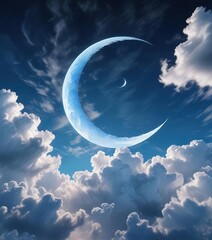Obraz premium Vibrant blue canvas with billowy white clouds drifting lazily across the sky and a bright white crescent moon shining through , drizzling, wispy
