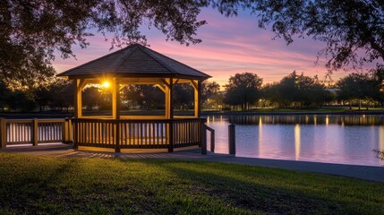 A serene gazebo by a lake at sunset, surrounded by lush greenery and tranquil waters.
