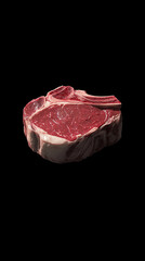 Fototapeta premium Thick raw ribeye steak with rich marbling on a black plate