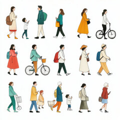 collection of hand drawn people walking, cycling, and interacting in various outfits and styles, showcasing diverse activities and emotions